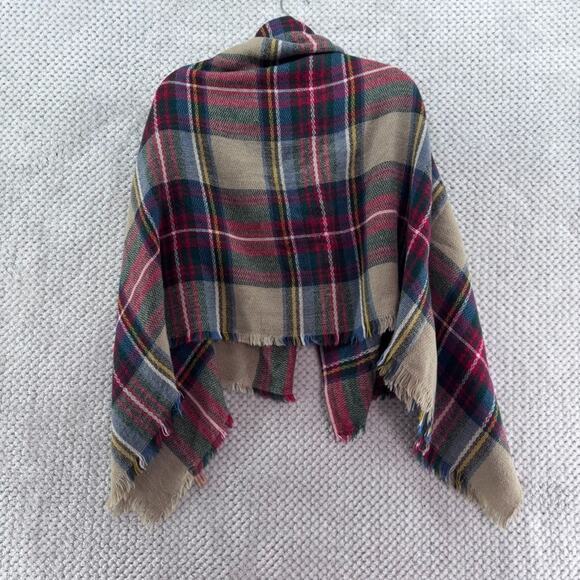 Oversized Classic Plaid Cozy Fall Blanket Square Scarf Red Beige Fringe Trim - Picture 3 of 4